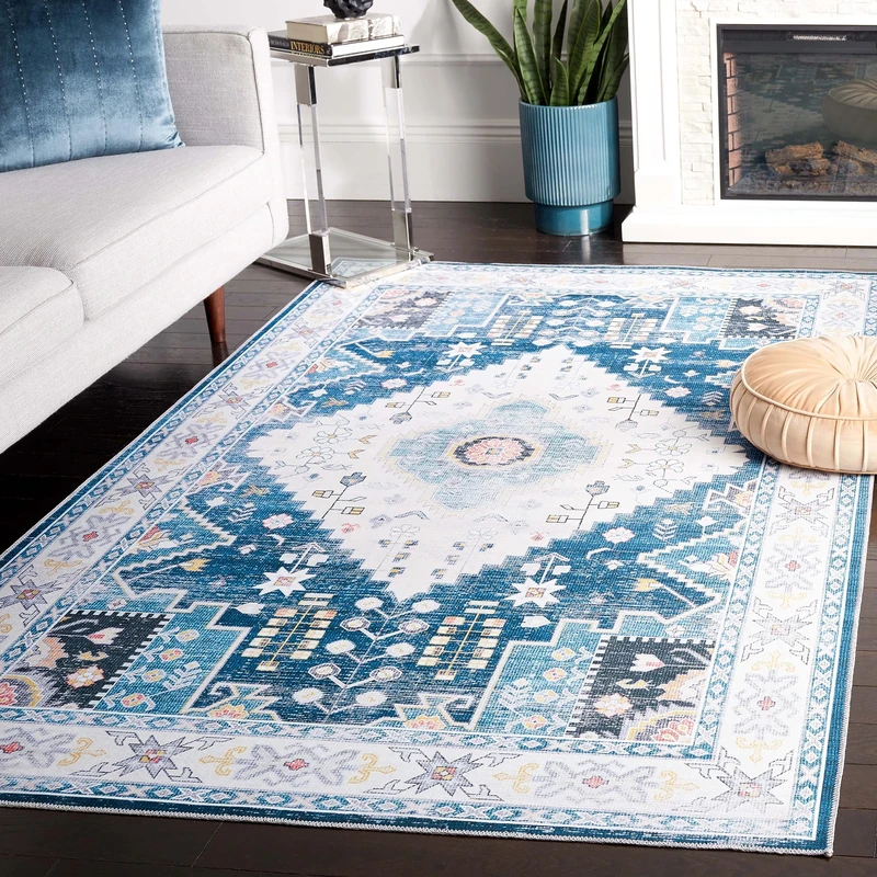 Safavieh Arizona Collection Traditional Rug - Machine Washable & Non Slip - Ideal for High Passage Areas - Short Pile Rug, Blue & Beige, 200 x 300 cm
