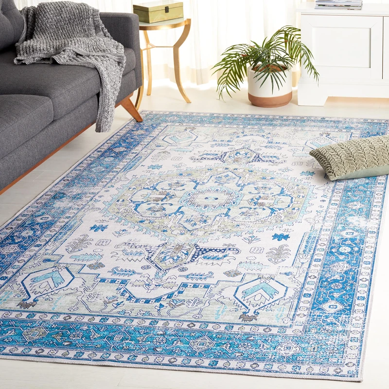 Safavieh Arizona Collection Traditional Rug - Machine Washable & Non Slip - Ideal for High Passage Areas - Short Pile Rug, Blue & Beige, 4' x 6'