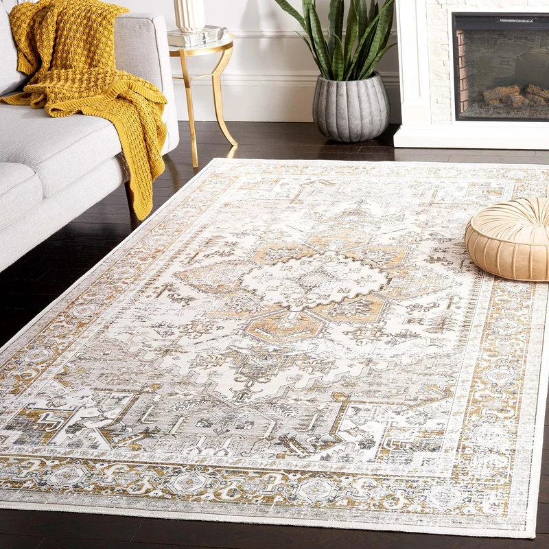 Safavieh Arizona Collection Traditional Rug - Machine Washable & Non Slip - Ideal for High Passage Areas - Arizona Collection Short Pile Rug, Beige & Gold, 183 x 183 cm