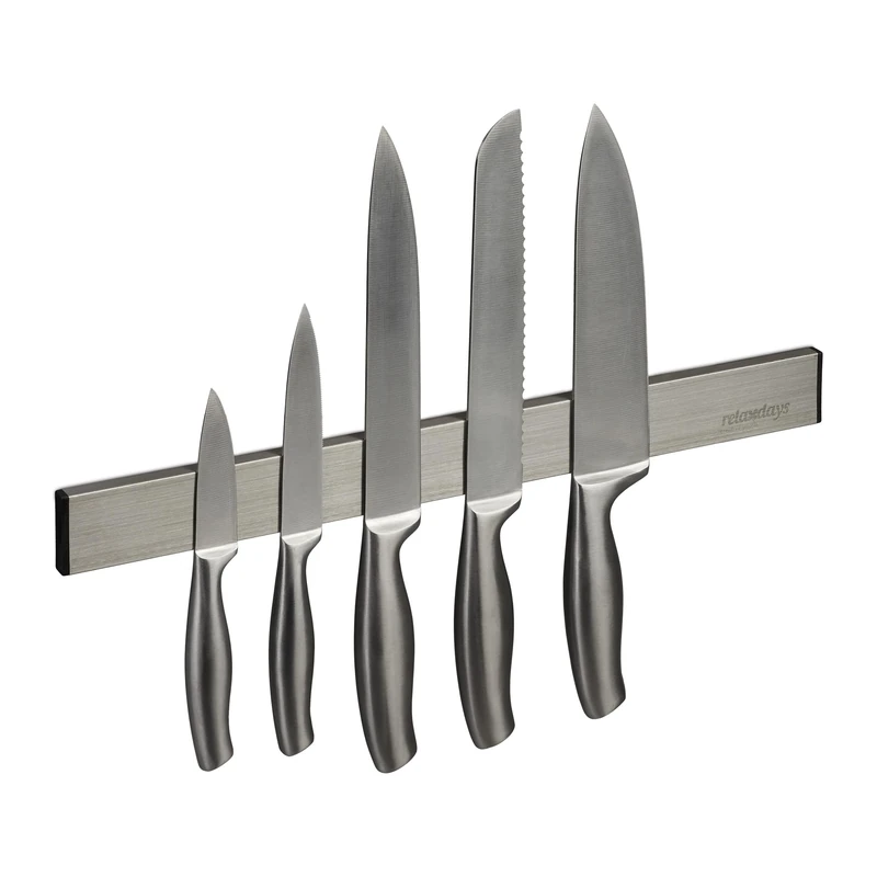Relaxdays Magnetic Bar, Stainless Steel, Self-Adhesive, 40 cm Long, Wall Rail for Knives & Tools, Silver/Black, 4 x 40 x 1 cm