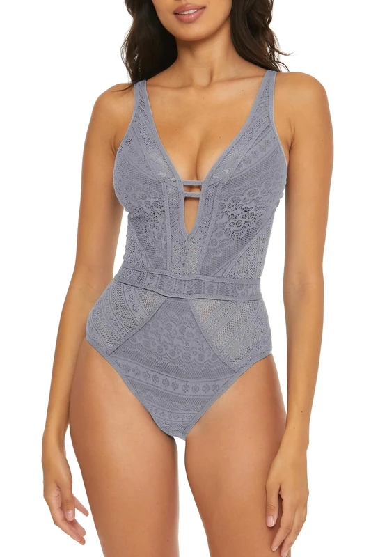 Becca Color Play One Piece Swimsuit, Plunge Neck, Crochet, Bathing Suits for Women, Blu Shadow, Medium