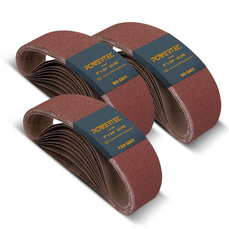 POWERTEC 110091 4 x 24 Inch Sanding Belts | Aluminum Oxide Belt Sander Sanding Belt Assortment, 10 Each of 60 80 120 Grits | Sandpaper for Oscillating Belt and Spindle Sander – 30 Pack - Image 1