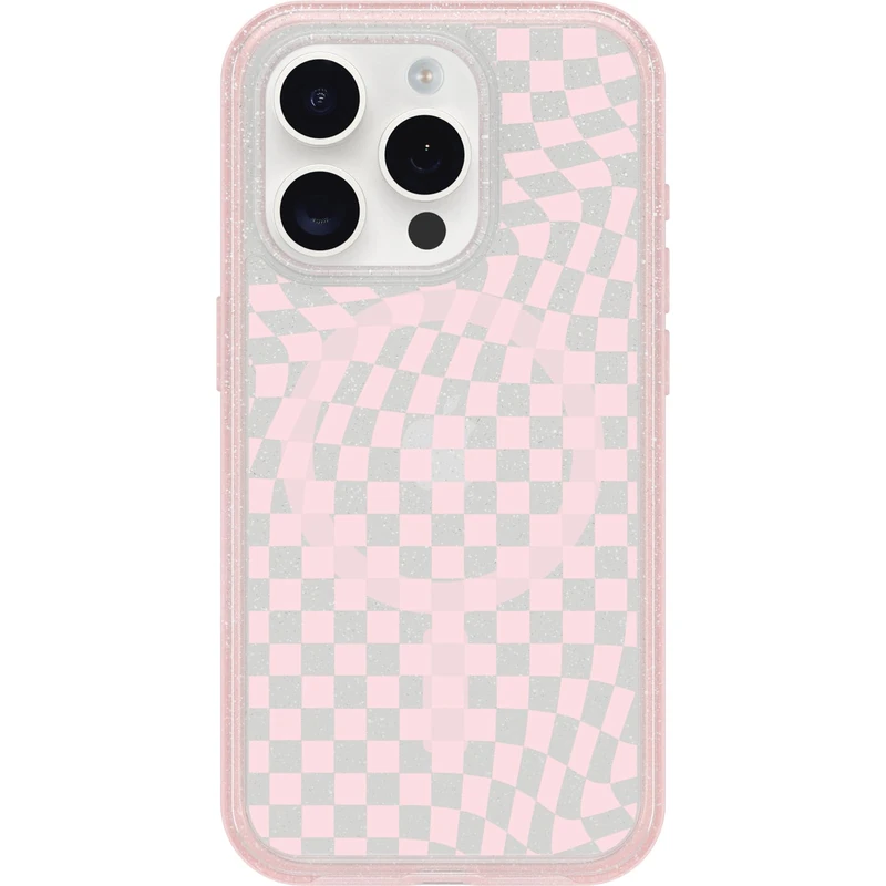 OtterBox iPhone 15 Pro (Only) Symmetry Series Clear Case - CHECKMATE (Pink), snaps to MagSafe, ultra-sleek, raised edges protect camera & screen