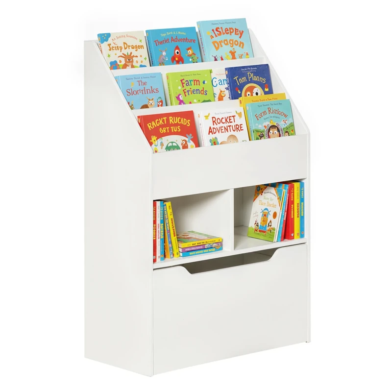 HOMCOM Kids Bookshelf with Storage Drawer, Childrens Bookcase with Wheels, Toy Organiser for Bedroom, Playroom - White