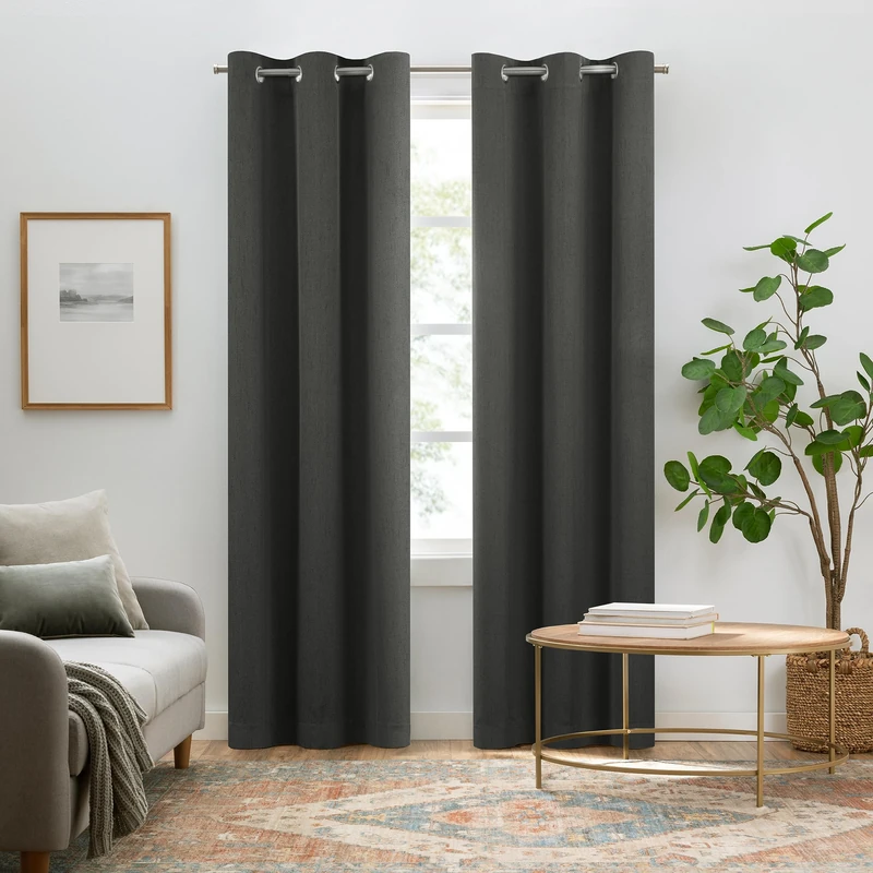 Eclipse Pembroke Blackout, Faux Linen Grommet Window Curtains, 84 in Long x 42 in Wide, Thermal Insulated & Noise Reducing Curtains for Living Room, Bedroom or Media Room, 2 Curtain Panels, Charcoal