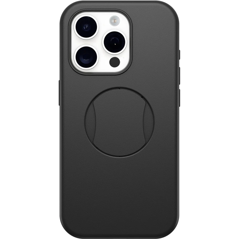 OtterBox iPhone 15 Pro (Only) OtterGrip Symmetry Series Case - BLACK, built-in grip, sleek case, snaps to MagSafe, raised edges protect camera & screen