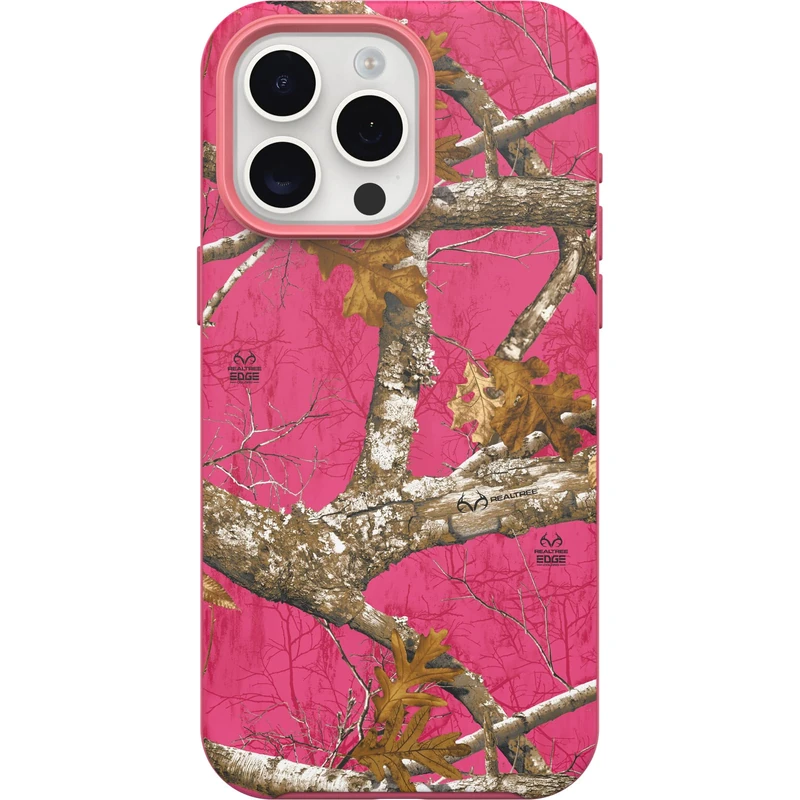 OtterBox iPhone 15 Pro MAX (Only) Symmetry Series Case - REALTREE FLAMINGO PINK, snaps to MagSafe, ultra-sleek, raised edges protect camera & screen