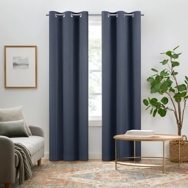 Eclipse Pembroke 100% Blackout, Faux Linen Grommet Window Curtains, 95 in Long x 42 in Wide, Thermal Insulated and Noise Reducing Curtains for Living Room, Bedroom, 2 Curtain Panels, Indigo