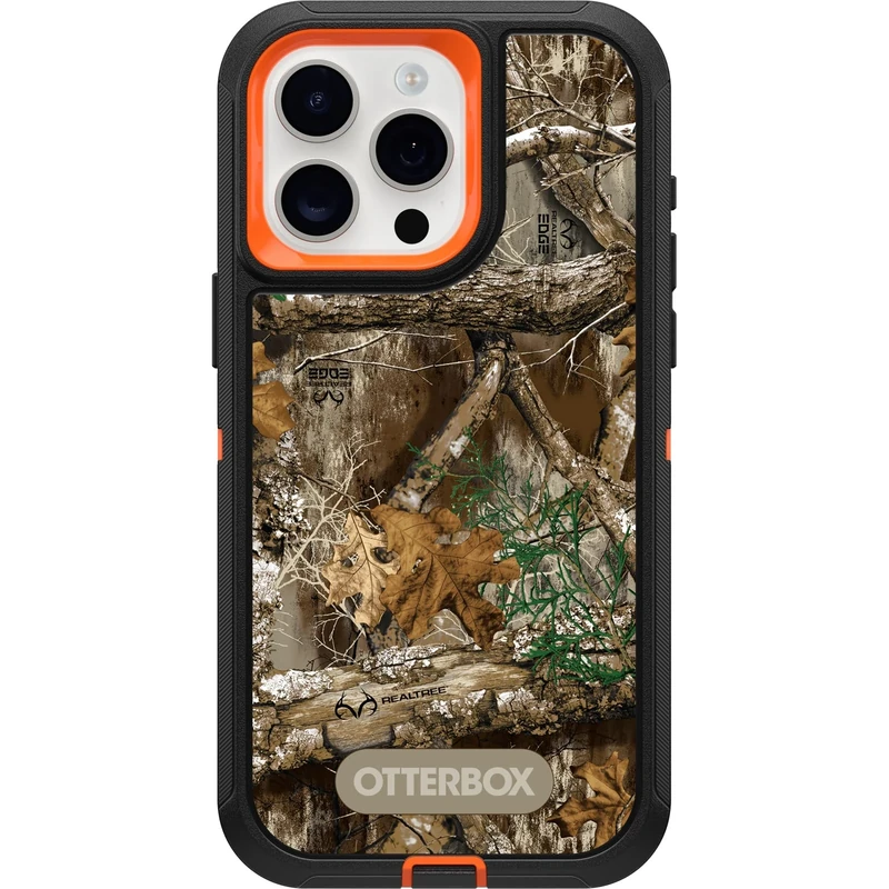 OtterBox iPhone 15 Pro MAX (Only) Defender Series Case - REALTREE EDGE (Blaze Orange/Black/RT Edge), rugged & durable, with port protection, includes holster clip kickstand