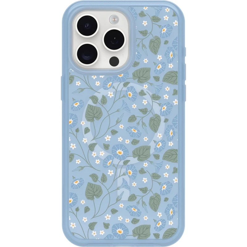 OtterBox iPhone 15 Pro MAX (Only) Symmetry Series Clear Case - DAWN FLORAL (Blue), snaps to MagSafe, ultra-sleek, raised edges protect camera & screen