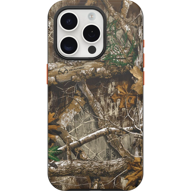 OtterBox iPhone 15 Pro (Only) Symmetry Series Case - REALTREE EDGE (Orange/Camo), snaps to MagSafe, ultra-sleek, raised edges protect camera & screen