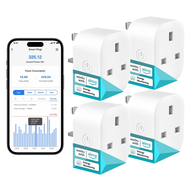 Meross Smart Plug with Energy Monitoring, Mini Smart WiFi Plug Work with Alexa, Google Home, SmartThings, Smart Socket Remote Control Timer Plug, No Hub Required, 13A, 4 Packs