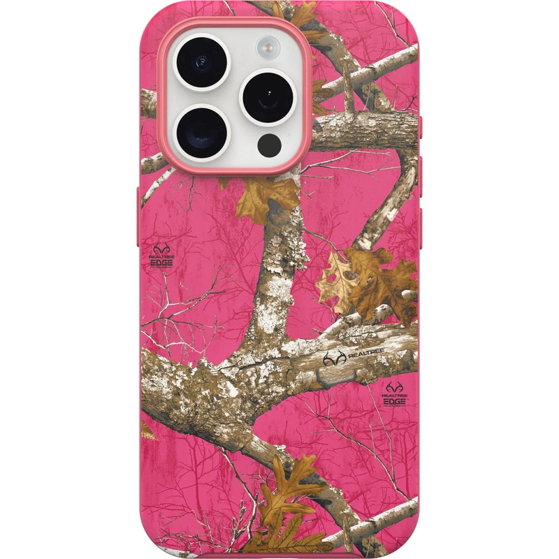 OtterBox iPhone 15 Pro (Only) Symmetry Series Case - REALTREE FLAMINGO PINK, snaps to MagSafe, ultra-sleek, raised edges protect camera & screen