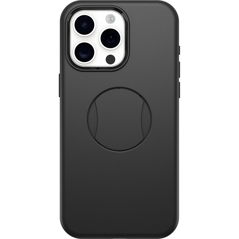 OtterBox iPhone 15 Pro MAX (Only) OtterGrip Symmetry Series Case - BLACK, built-in grip, sleek case, snaps to MagSafe, raised edges protect camera & screen