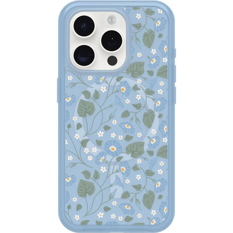 OtterBox iPhone 15 Pro (Only) Symmetry Series Clear Case - DAWN FLORAL (Blue), snaps to MagSafe, ultra-sleek, raised edges protect camera & screen