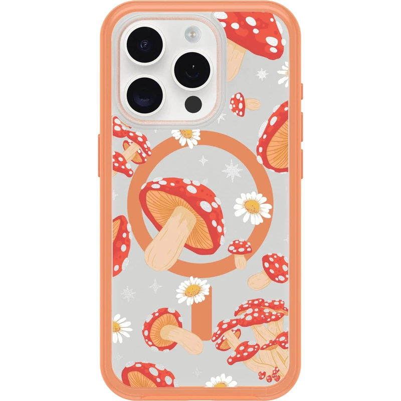 OtterBox iPhone 15 Pro (Only) Symmetry Series Clear Case - FUNGI (Orange), snaps to MagSafe, ultra-sleek, raised edges protect camera & screen