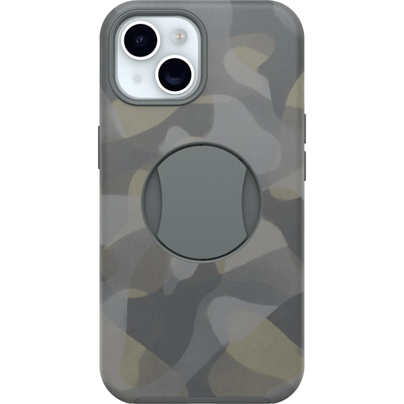 OtterBox iPhone 15, iPhone 14, and iPhone 13 OtterGrip Symmetry Series Case - IRON CAMO (Grey), built-in grip, sleek case, snaps to MagSafe, raised edges protect camera & screen