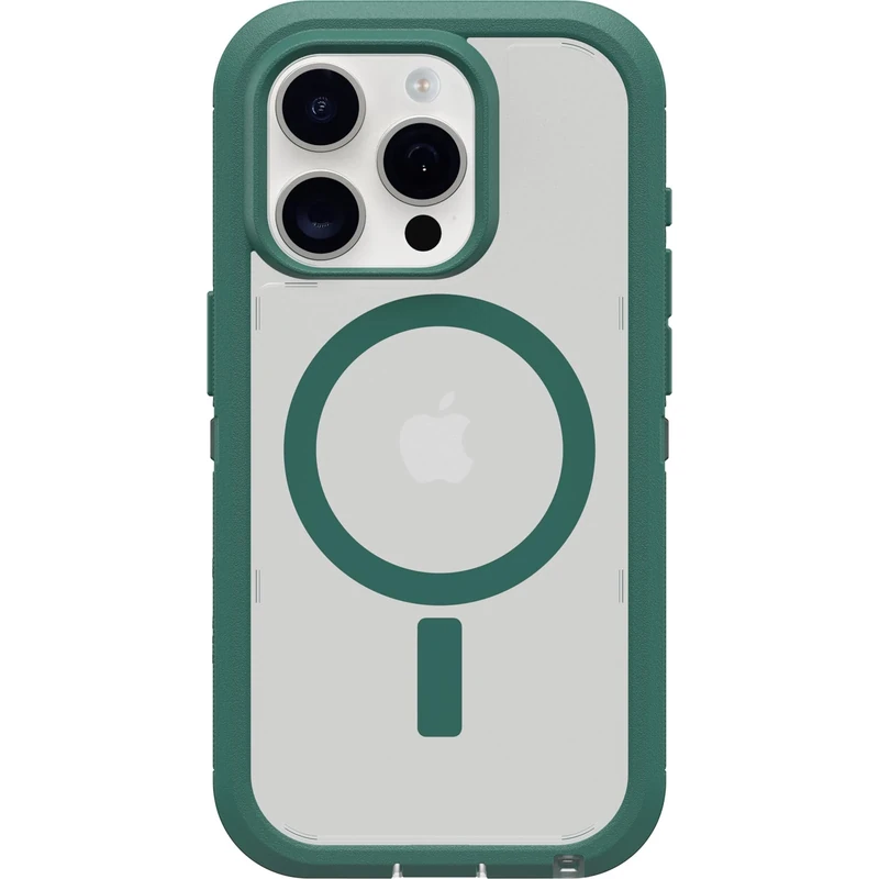 OtterBox iPhone 15 Pro (Only) Defender Series XT Clear Case - VELVET EVERGREEN (Clear), screenless, rugged, snaps to MagSafe, lanyard attachment