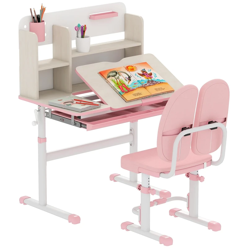 HOMCOM Kids Desk and Chair Set, Height Adjustable Kids Study Table and Chair Set with Storage Shelves, Washable Cover, Anti-Slip Mat and Tilted Desktop, for Ages 3-12 Years - Pink