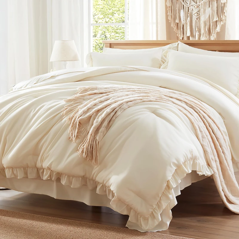 Anluoer King Size Comforter Set 7 Piece,Ruffle Bed in a Bag Bedding Sets