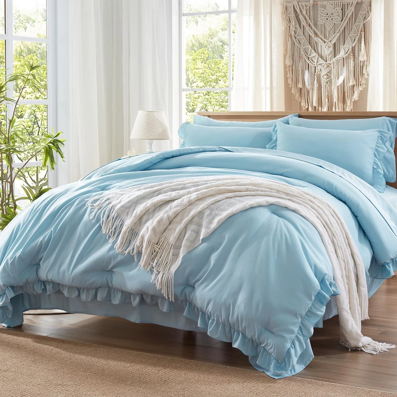 Anluoer Full Size Comforter Sets 7 Piece,Ruffle Bed in a Bag Bedding Sets