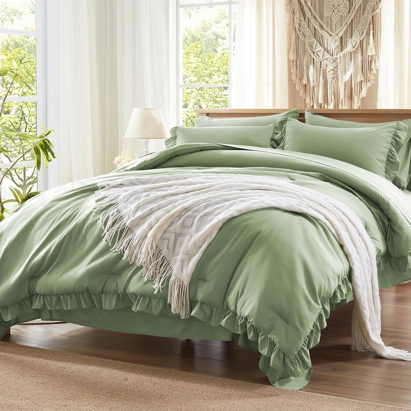 Anluoer Queen Comforter Set 7 Piece, Ruffle Bed in a Bag Queen Bedding Sets