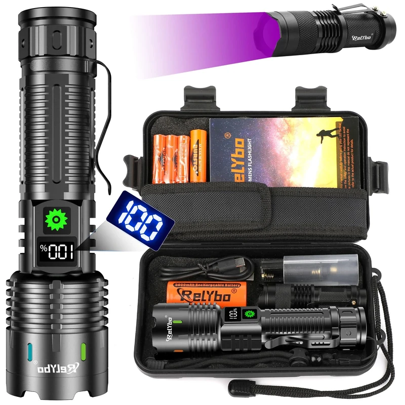 Relybo High Power Tactical Led Flashlight, 500000 Lumen Torch, USB Rechargeable Military Flashlight for Emergency Camping Hiking