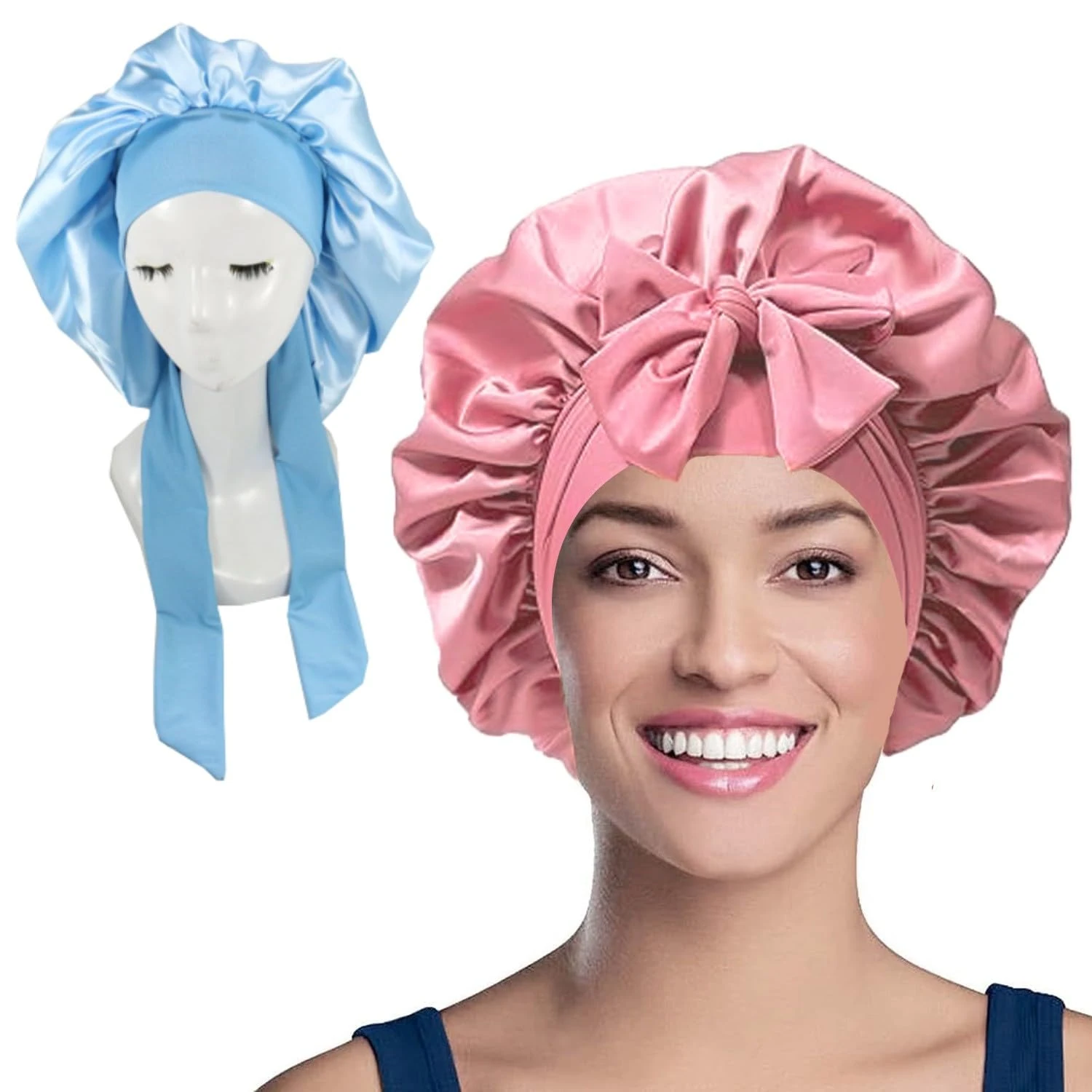 WUBAYI 2PCS Satin Bonnet, Silk Bonnet Hair Wrap for Sleeping, Hair Bonnet for Bath, Tie Band for Women Long Curly Braid Hair (Pink, Blue)