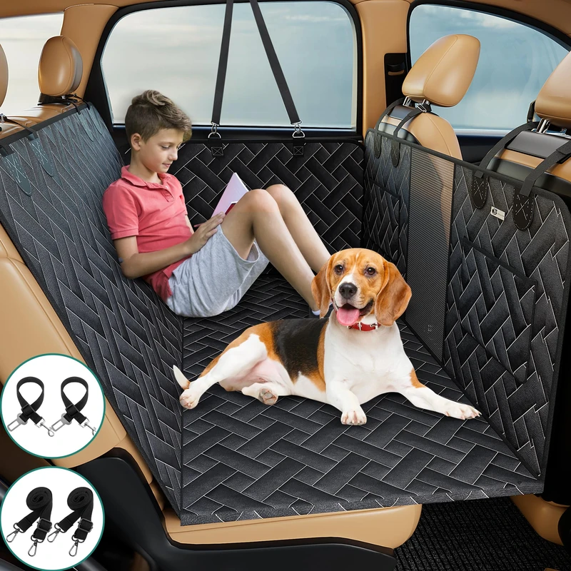TJSOULER Back Seat Extender for Dogs,Nonslip Waterproof Hard Bottom,Car Seat Cover for Dogs Hammock with Mesh Window,Sturdy Stable Foldable Dog Back Seat for Car Truck SUV (Black,60''x64'')