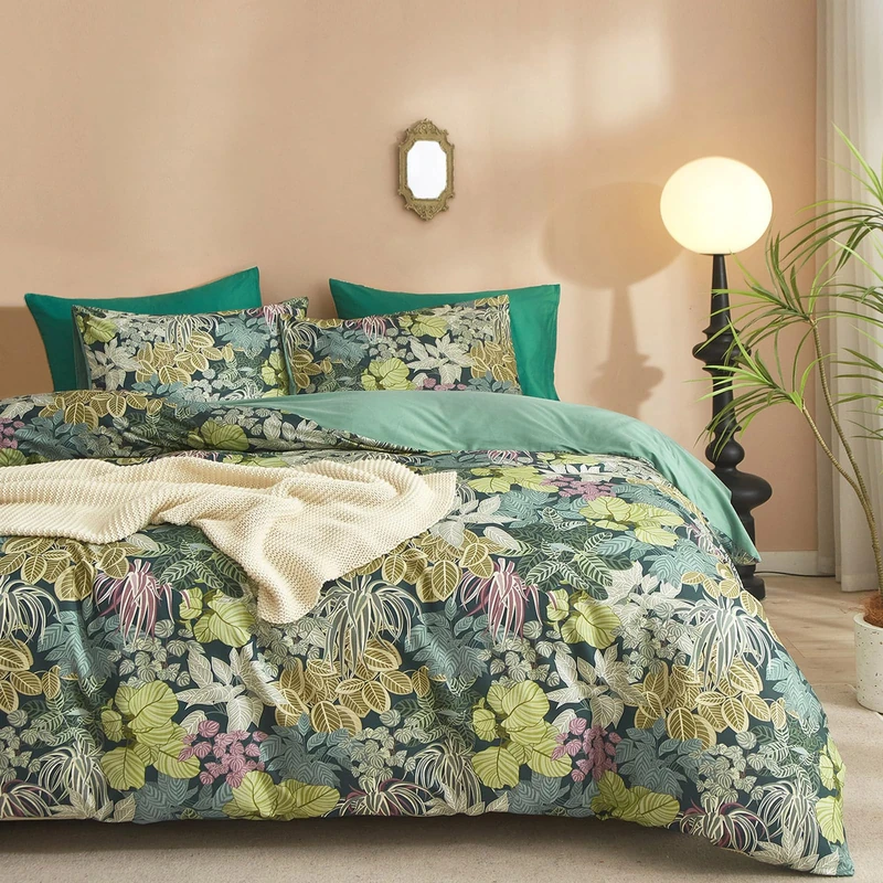 mixinni 100% Cotton Tropical Botanical Green Leaves Duvet Cover Queen Tree Plant Print Leaf Duvet Cover 3Pcs Bedding Set 1 Duvet Cover with Zipper Ties 2 Pillowcases Perfect for Him and Her Easy Care