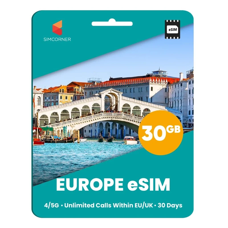 SimCorner Europe & UK Travel eSim Card - 30GB Data, Calls within UK & EU For 30 Days. Use In 50 Countries. Includes 25€ credit for calls. International Travel eSIM Card For Mobile Phones
