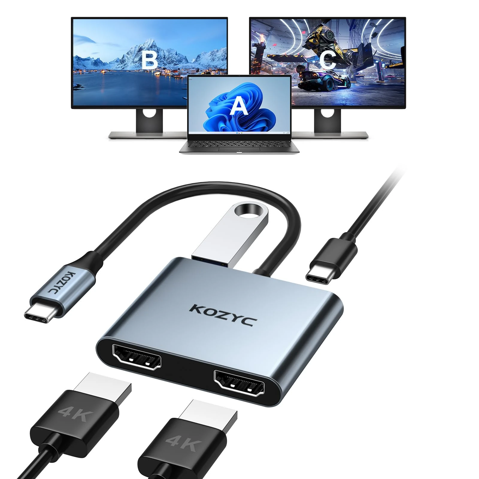 USB C to Dual HDMI Adapter 4K@30Hz, KOZYC USB C Hub Multiport Adapter with 2xHDMI, USB 3.0, 100W PD, Support Splitter function Extended Display for MacBook Pro Air Dell (MST For Windows Only)