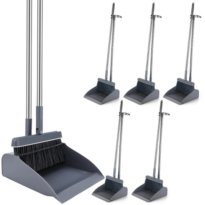 Nosiny 6 Set Broom and Dustpan Set 48 Inches Long Handle Broom with Upright Standing Dustpan Combo Broom with Dustpan Combo Set for Home Office Lobby Kitchen Indoor Outdoor Floor Cleaning, Gray