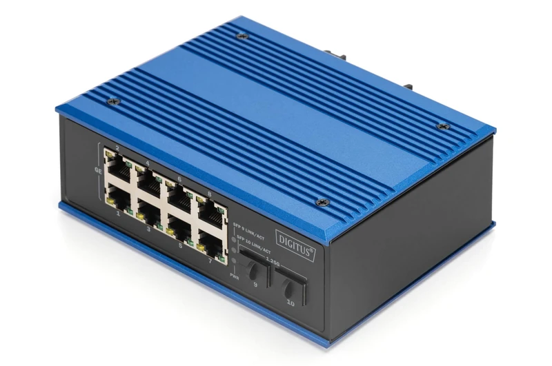 DIGITUS Network Switch - 10-port Gigabit Ethernet - 8x RJ45 + 2x SFP - IP40 - 10/100/1000 Mbit/s - DIN rail mounting - Industrial series - black/blue