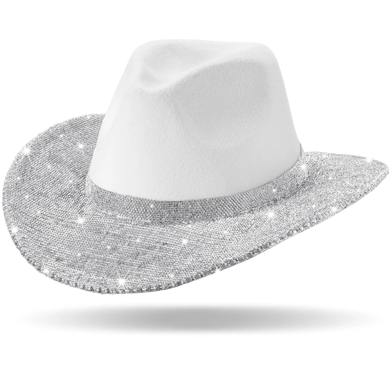 Hercicy Rhinestone Glitter Cowboy Hat Bling Cowgirl Hat with Western Wide for Cosplay Wedding Rave Bachelorette Party(White, Classic)