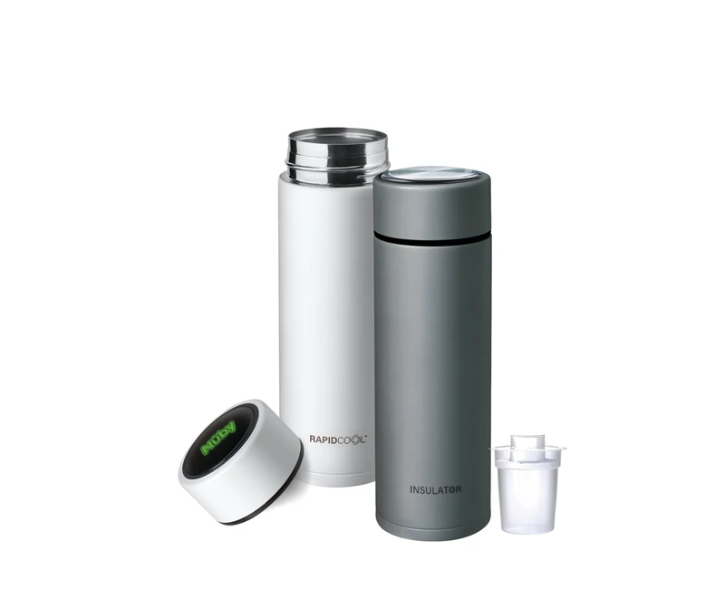 Nuby RapidCool Portable Baby Bottle Maker Twin Pack - Formula Feed in 2 Minutes | Ideal for Travel Bottles and Night Feeds | Includes Milk Powder Dispenser, Digital Lid & Flask (White)