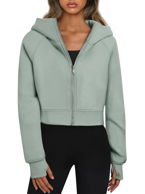 Trendy Queen Womens Zip Up Hoodies Cropped Sweatshirts Fleece Jackets Fall Outfits Casual Hooded Y2k Tops Winter Clothes 2024, Greygreen, S