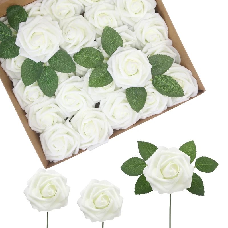 JOYLEX Ivory Artificial Flowers Realistic Roses, 100pcs Milk White Real Looking Fake Roses with Stem for DIY Wedding Bouquets Centerpieces Bridal Shower Party Home Romantic Decorations (Milk White)