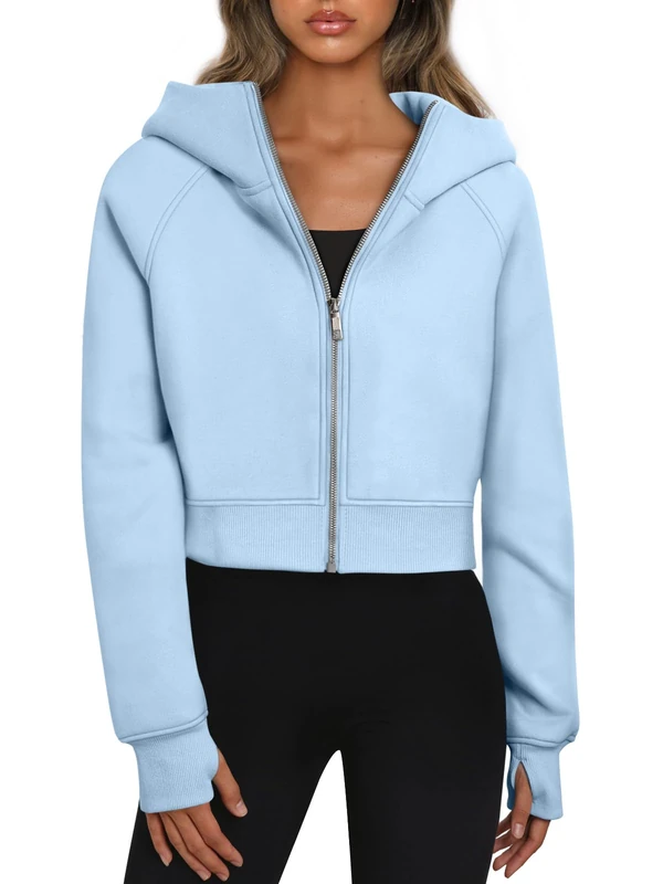 Trendy Queen Womens Zip Up Hoodies Cropped Sweatshirts Fall Outfits Casual Hooded Pullover Sweaters Tops Winter Clothes 2023, Lightblue, S