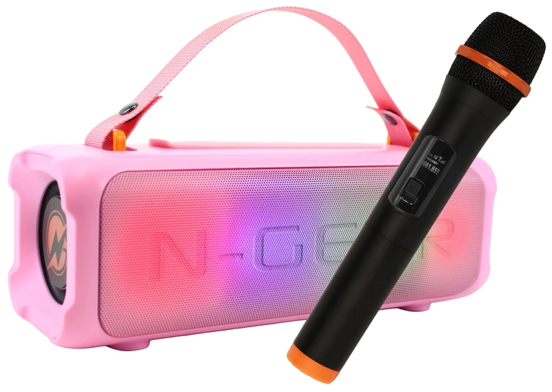 N-Gear LGP BLAZOOKA 703 Pink portable Bluetooth party speaker, 100 W output power, built-in battery & microphone, wireless design, bold colour, powerful sound for parties and outdoor use