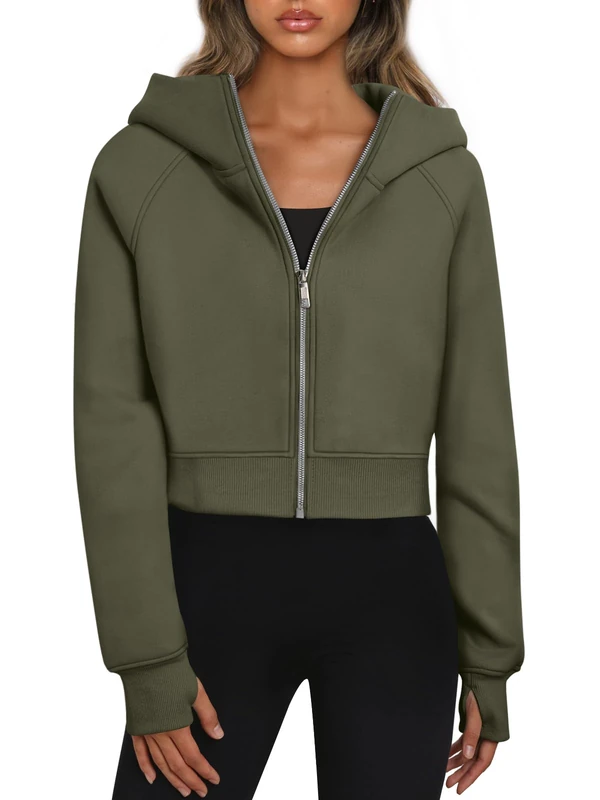 Trendy Queen Womens Zip Up Hoodies Cropped Sweatshirts Fall Outfits Casual Hooded Pullover Sweaters Tops Winter Clothes 2024, Armygreen, M