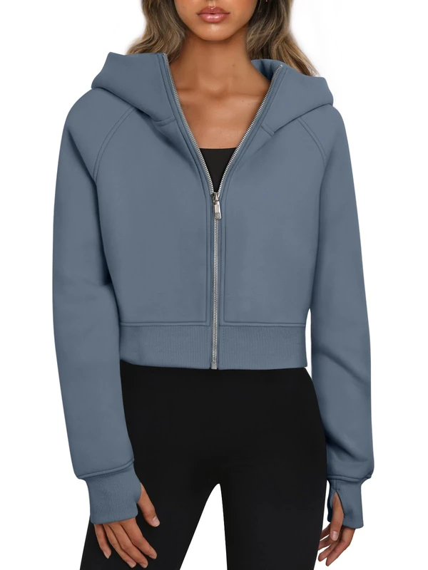 Trendy Queen Womens Zip Up Hoodies Cropped Sweatshirts Fall Outfits Casual Hooded Pullover Sweaters Tops Winter Clothes 2023, Greyblue, S