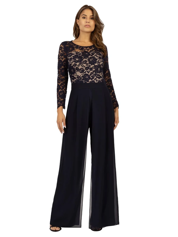 Apart Evening Jumpsuit in Material Mix of Elastic and Plastic Lace, Midnight Blue-Nude, 18
