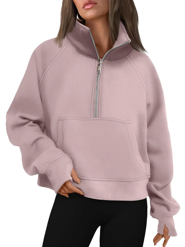 AUTOMET Womens Sweatshirts Half Zip Cropped Pullover Fleece Quarter Zipper Hoodies Fall Clothing Outfits Clothes Thumb Hole, Darkpink, XS