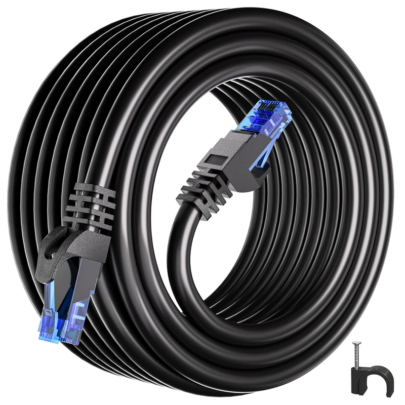 Ethernet Cable 20m, Cat 6 High Speed Internet Cable Long, RJ45 Network Cable 20m Black 1000Mbit/s 250MHz, Round Gigabit LAN Cable Broadband Patch Cord for Router Modem Switch Laptop Xbox PC (20 Clips)
