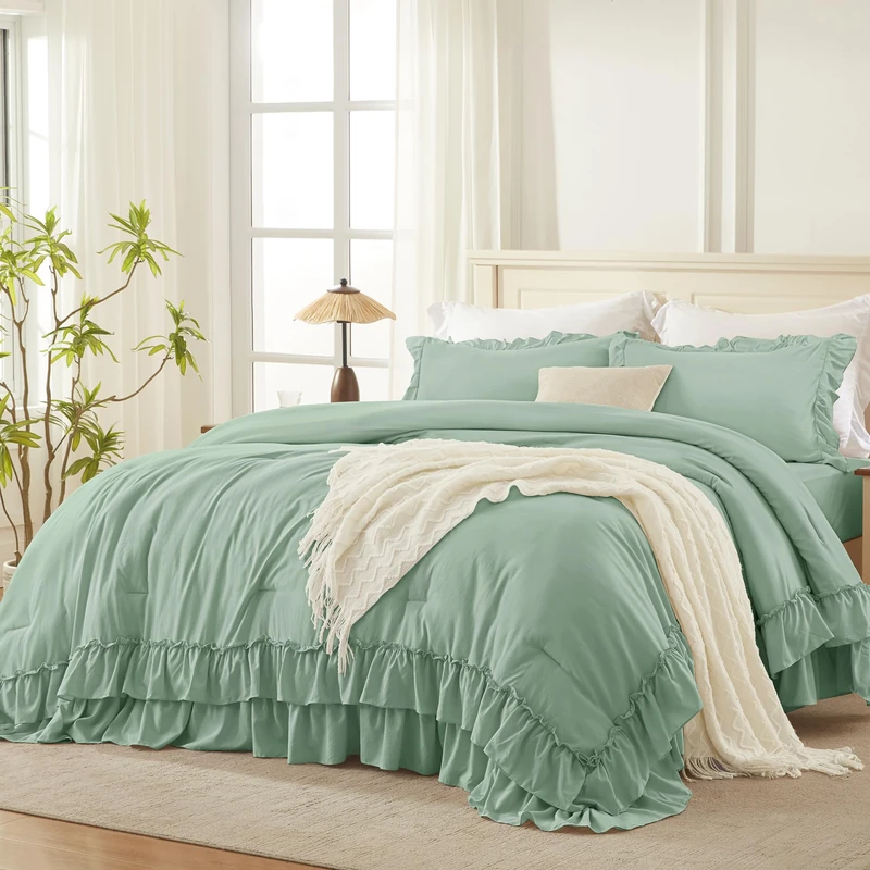 Andency Sage Twin Size Ruffle Comforter Set, 2 Pieces