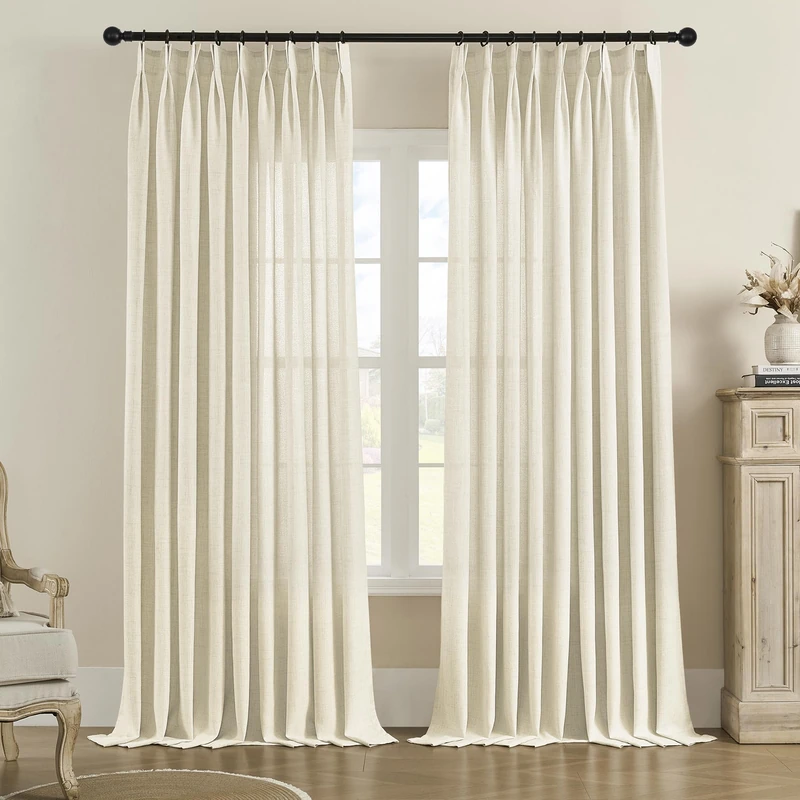 MASWOND Extra Wide Pinch Pleated Semi Sheer Curtains 84W x 108L Inches, Extra Long Light Filtering Pleat Drapes for Patio Door, Living Room, Privacy Pleated Curtain with Hooks (1 Panel, Natural)