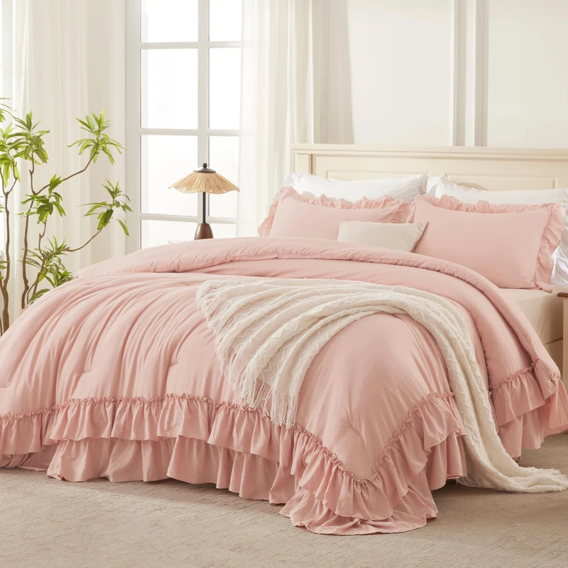Andency Blush Ruffle Comforter Set King, 3 Pieces Solid Bedding