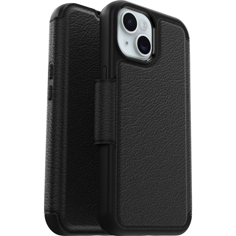 OtterBox Strada Case for iPhone 15 for MagSafe, Shockproof, Drop proof, Premium Leather Protective Folio with Two Card Holders, 3x Tested to Military Standard, Black, No Retail Packaging