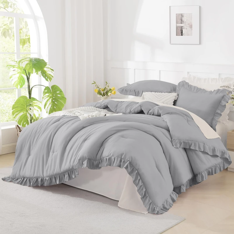 Andency Silver Gray California King Comforter Set, 3 Pcs Shabby Chic
